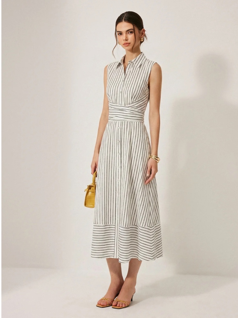 NWT Commense Striped Collared Sleeveless Tie Waist Midi Dress in Cream/Black